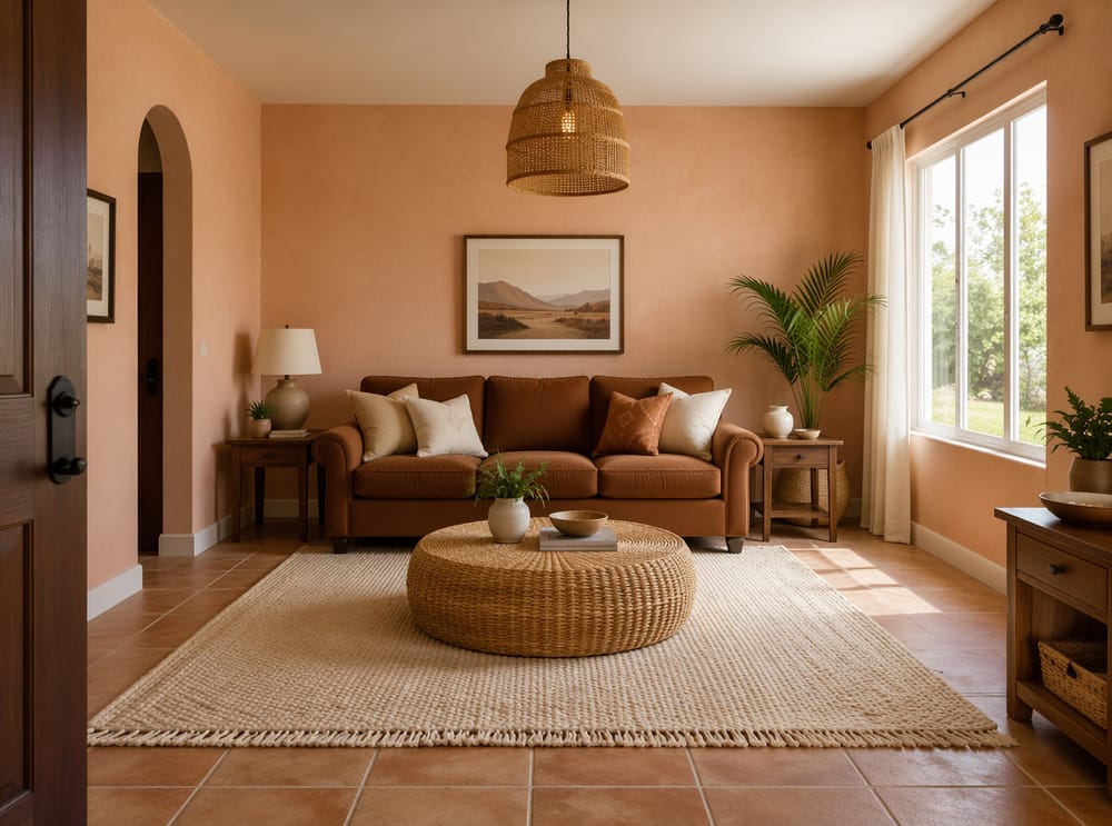 Divano marrone caldo su pareti terracotta chiara, tavolino in rattan