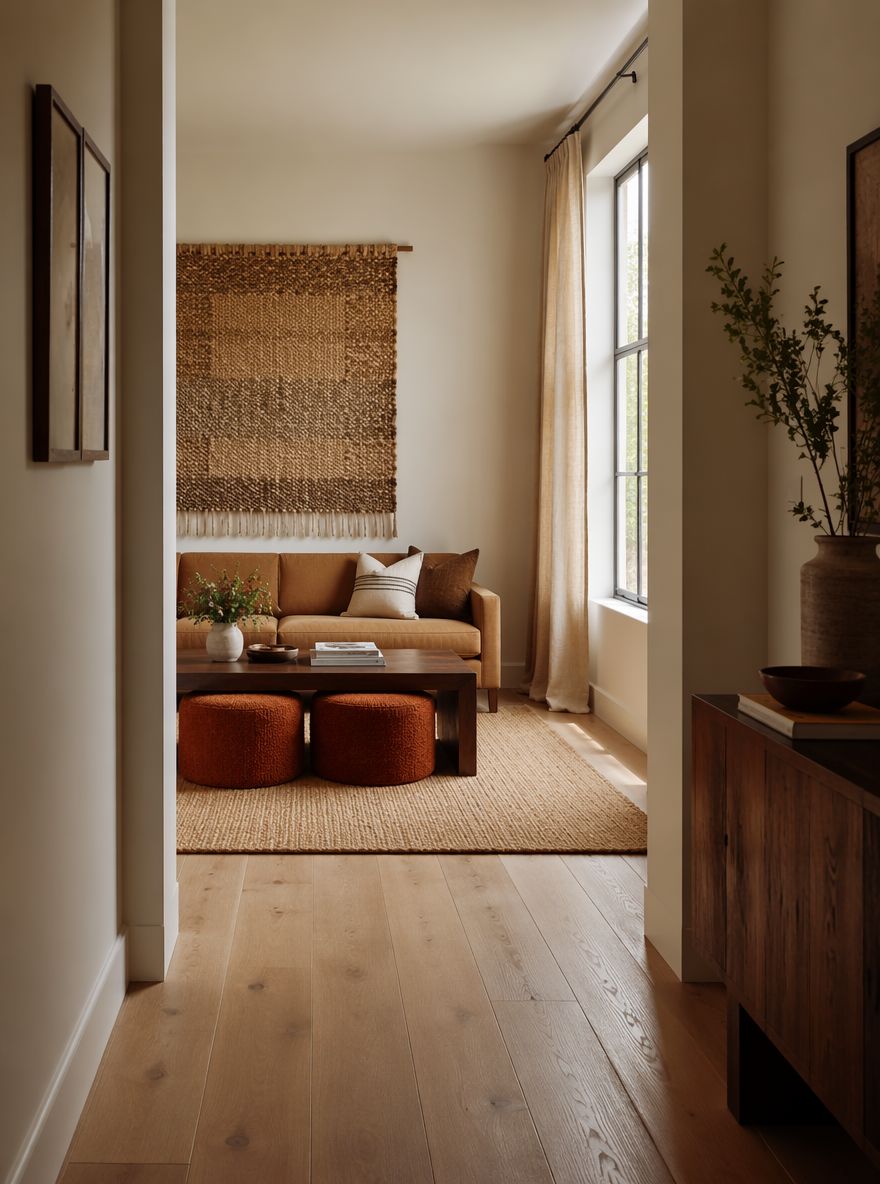 Divano beige sotto arazzo intrecciato, pouf arancione bruciato