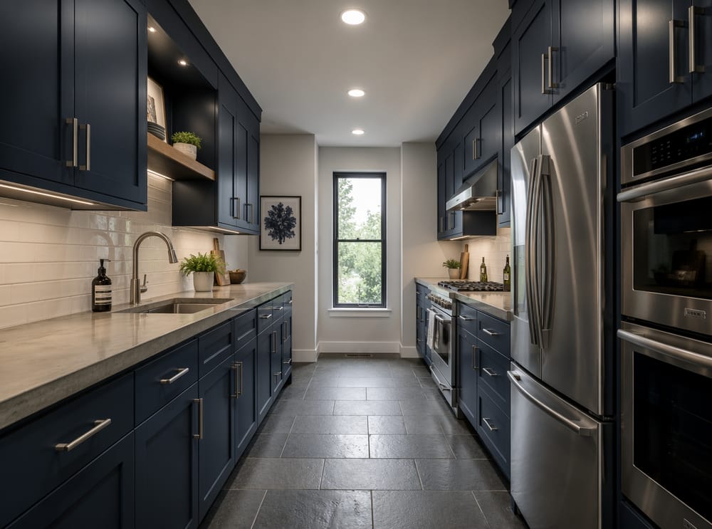 Cocina lineal azul tinta con encimeras de concreto