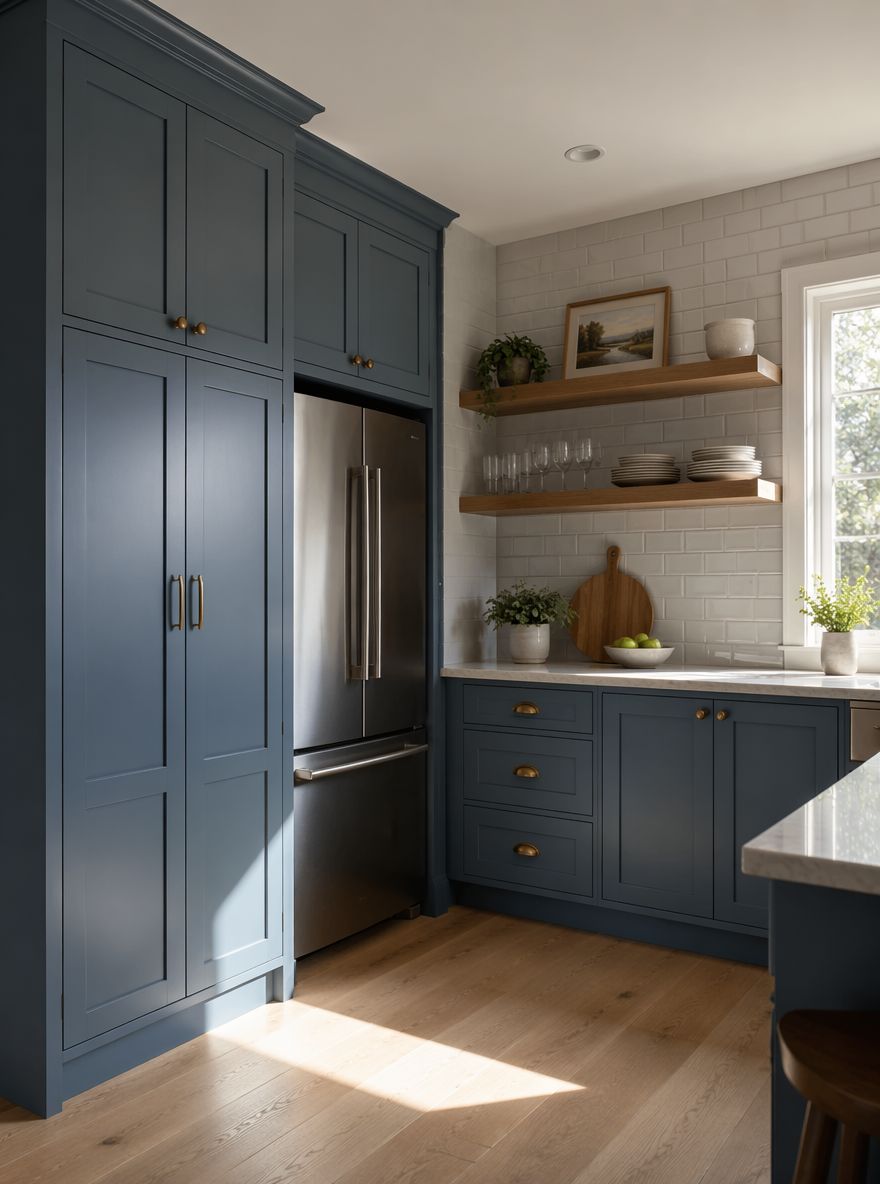 Despensa azul denim junto a nicho de refrigerador empotrado