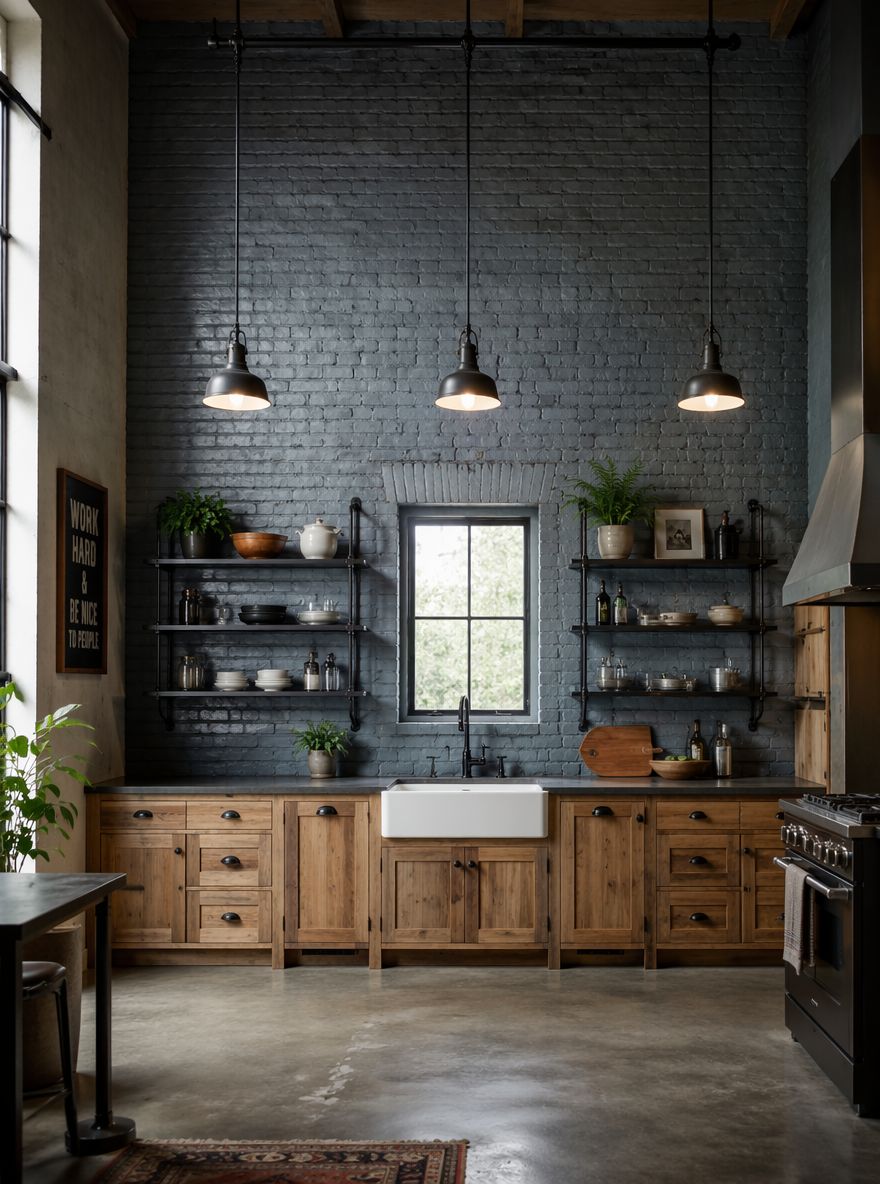 Ladrillo pintado azul grisáceo con gabinetes inferiores de madera natural