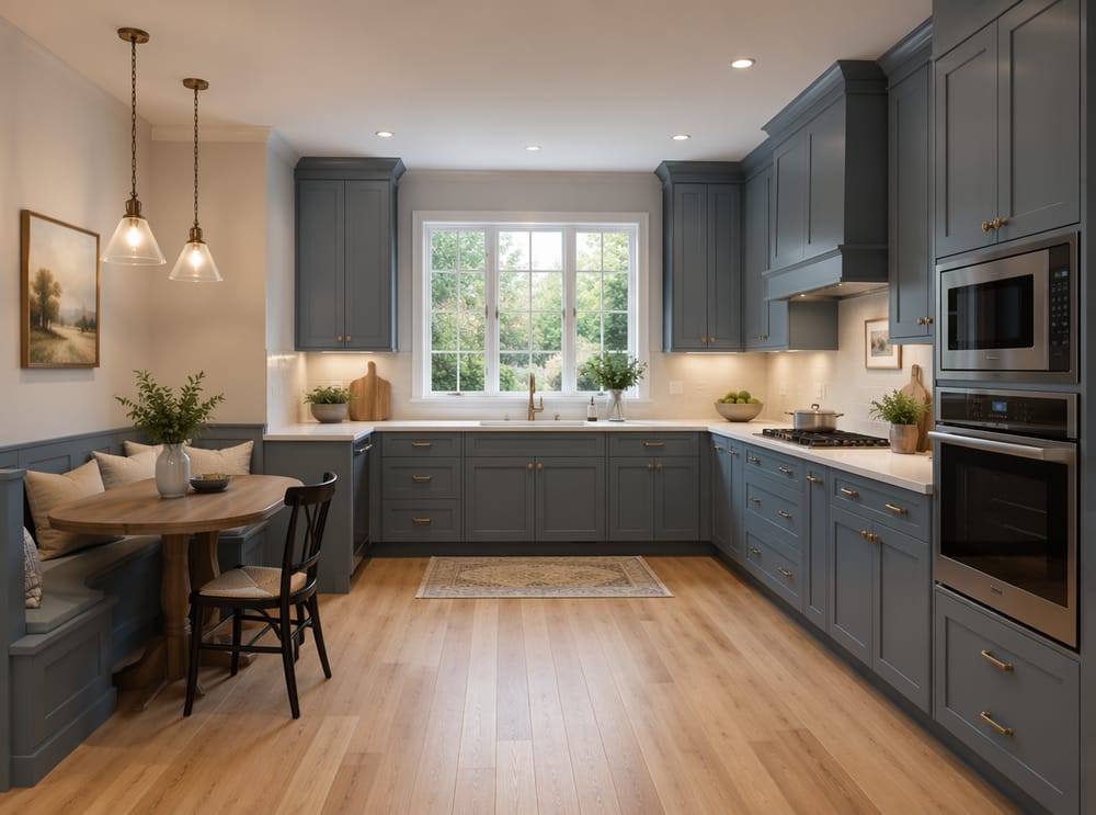 Cocina azul pizarra en forma de U con rincón de desayuno integrado