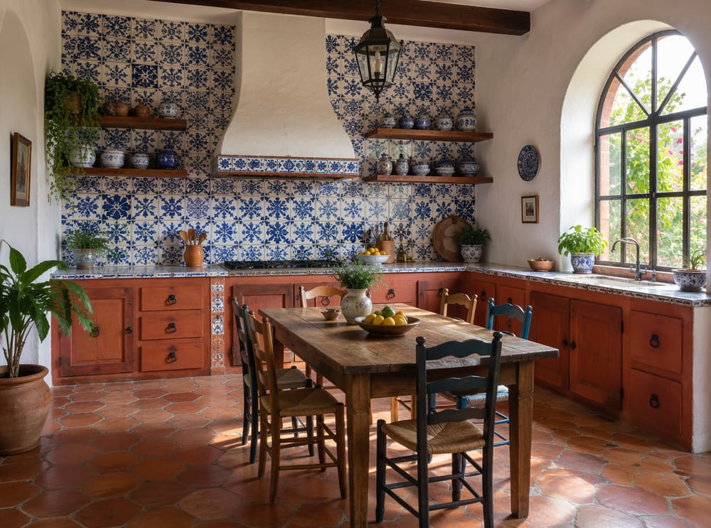 Revestimiento cerámico azul pintado a mano con gabinetes terracota