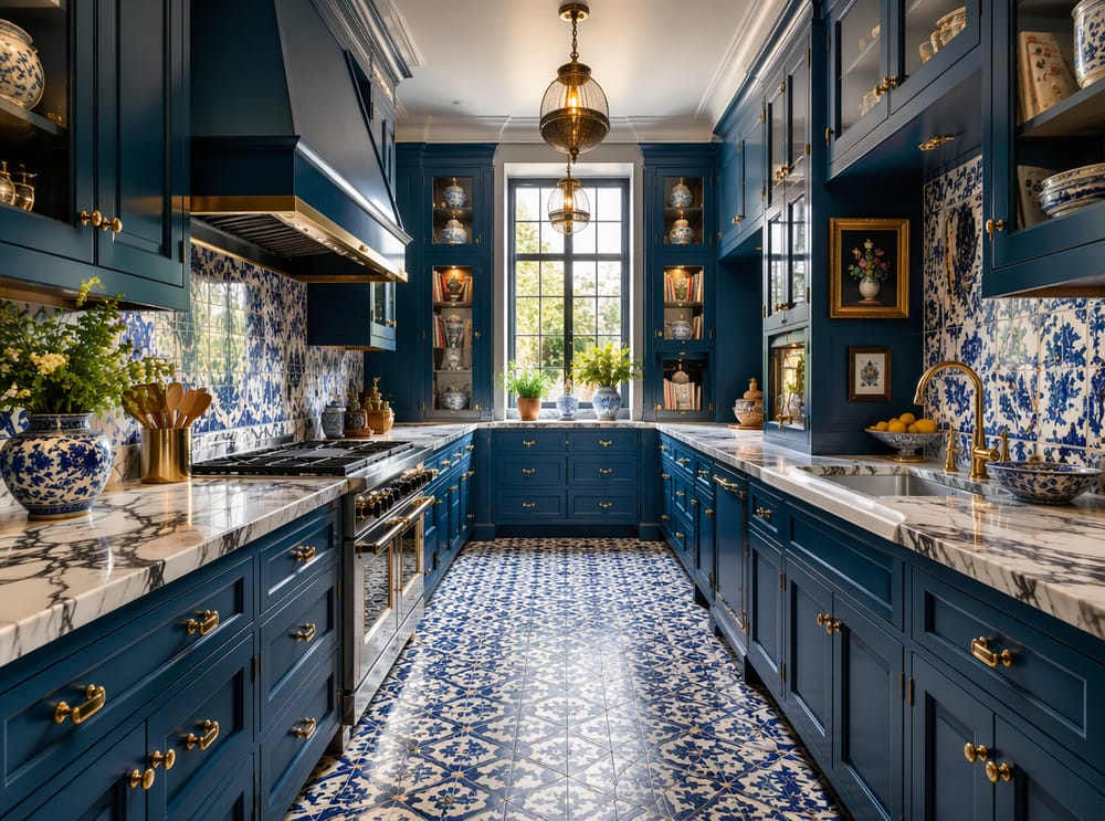Cocina lineal azul pavo real con revestimiento de azulejos estilo azulejo