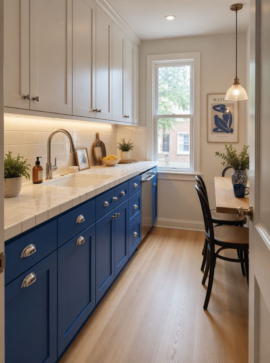 Inferiores azul cobalto con superiores blancos en cocina compacta