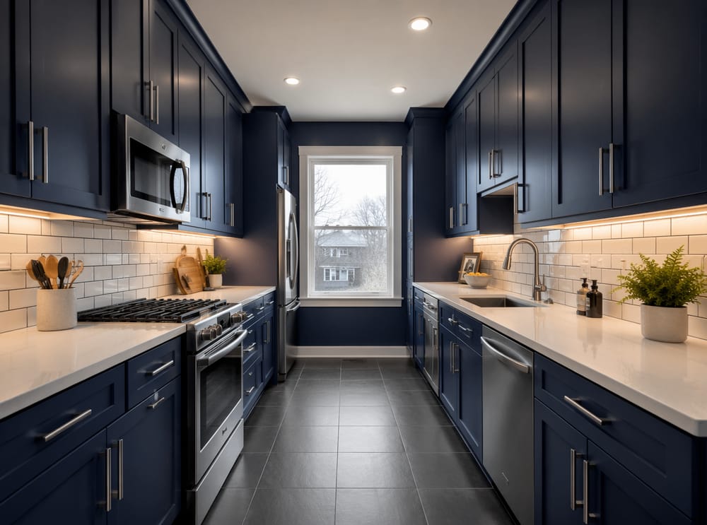 Cocina pasillo toda azul marino con cuarzo blanco en ambos lados