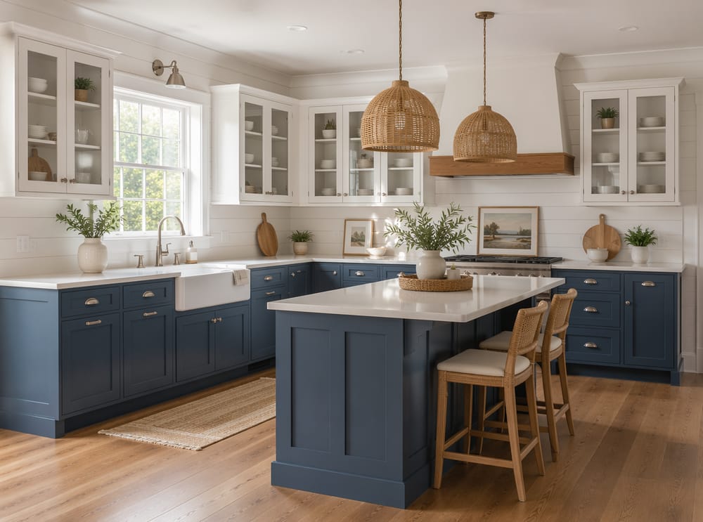 Gabinetes inferiores azul denim, superiores blancos con vitrina, paredes shiplap