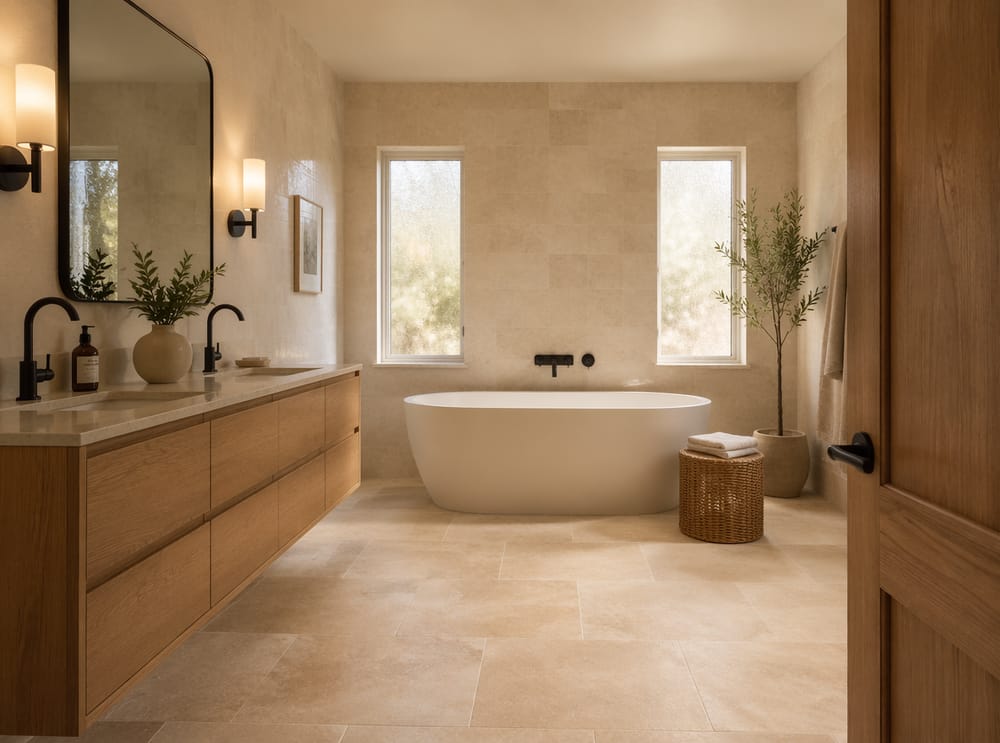 Vasca indipendente con pareti effetto pietra e mobile in rovere