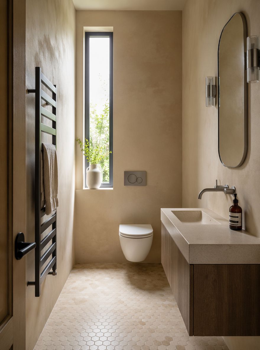 Pareti effetto intonaco con wc sospeso e lavabo in pietra