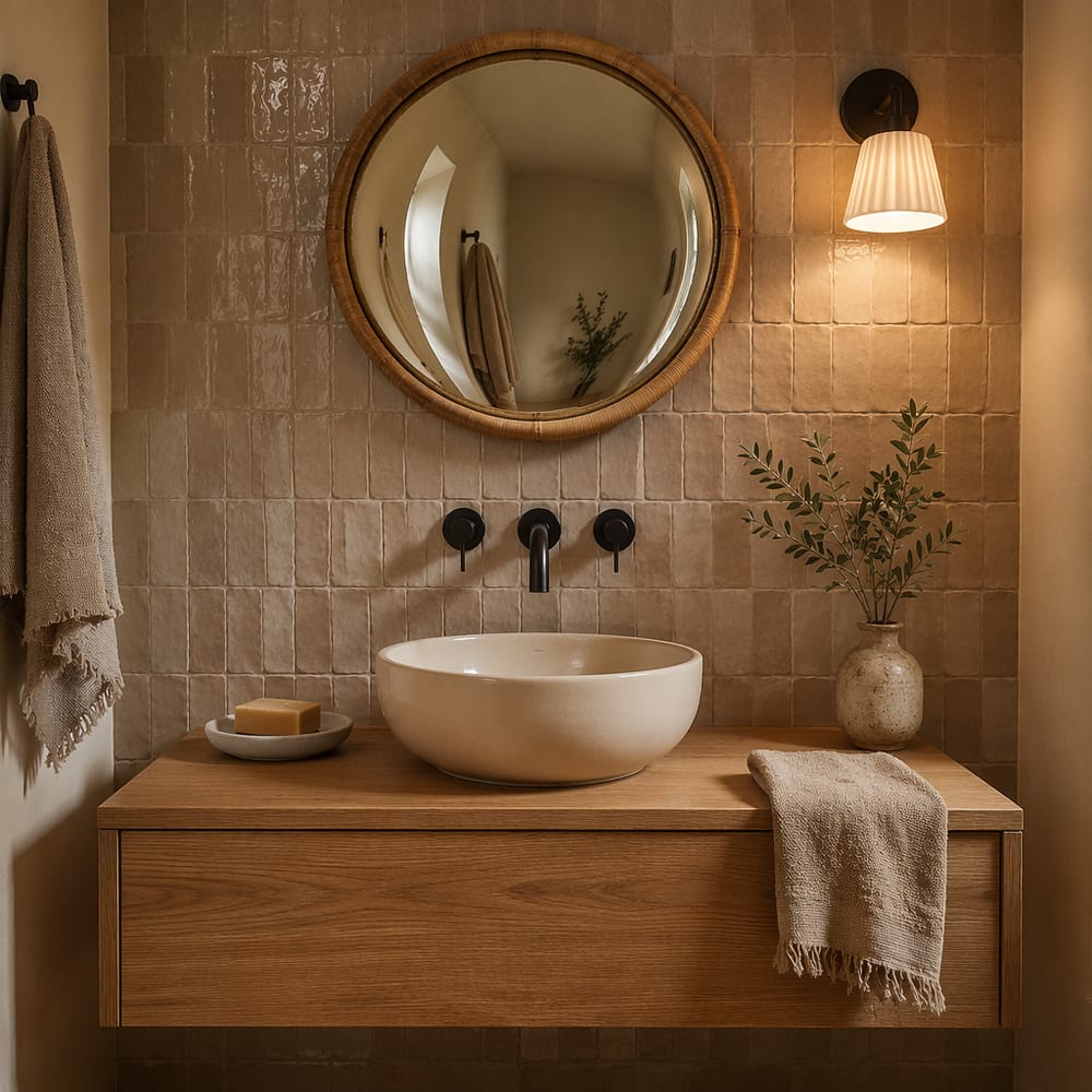 Specchio rotondo in rattan sopra parete vanity rivestita in zellige