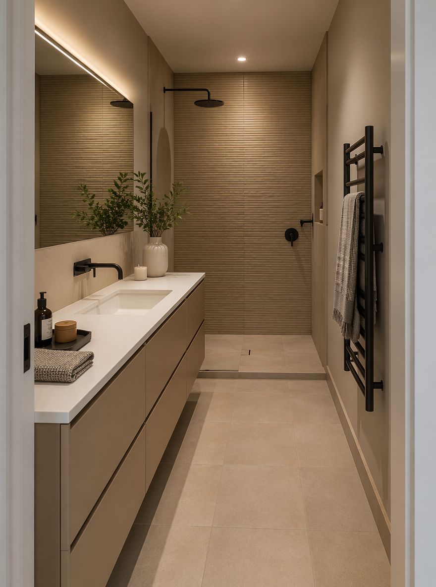 Bagno cieco stretto con doccia a mosaico lineare in fondo
