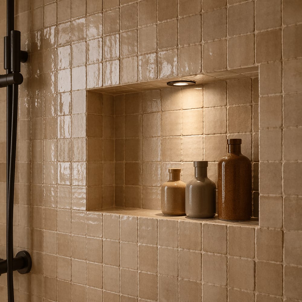 Nicchia doccia in zellige con illuminazione nera opaca