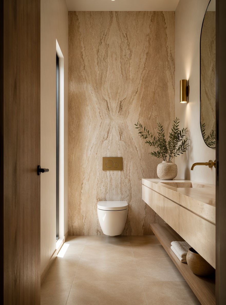 Parete in travertino a libro con wc sospeso