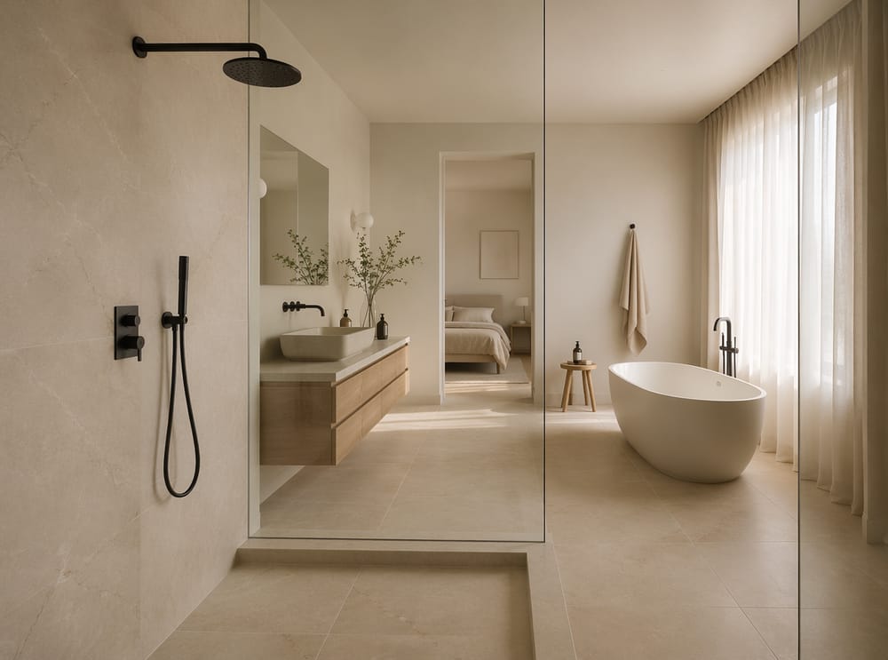 Vista doccia verso vasca freestanding e mobile lavabo
