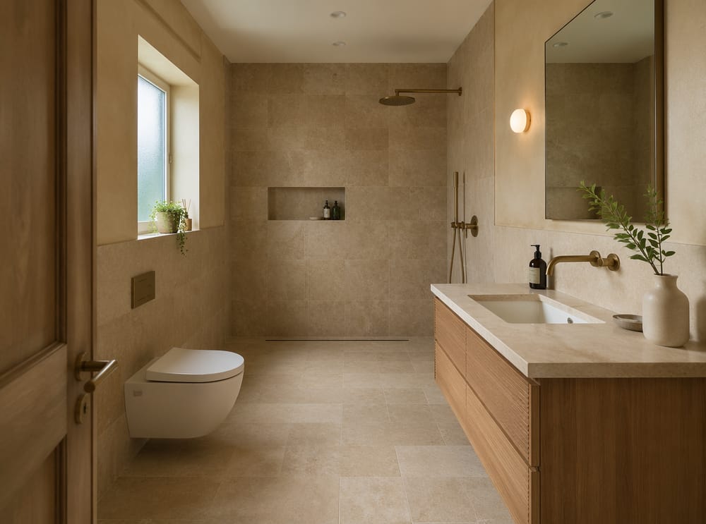 Open wet room con soffione a pioggia in ottone e mobile in rovere