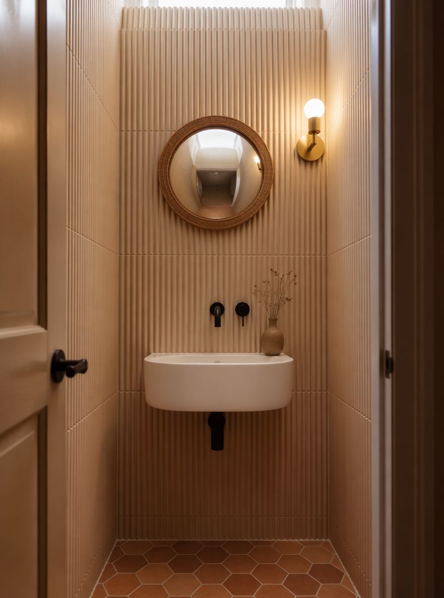 Bagno di servizio con piastrelle scanalate e specchio convesso in rattan