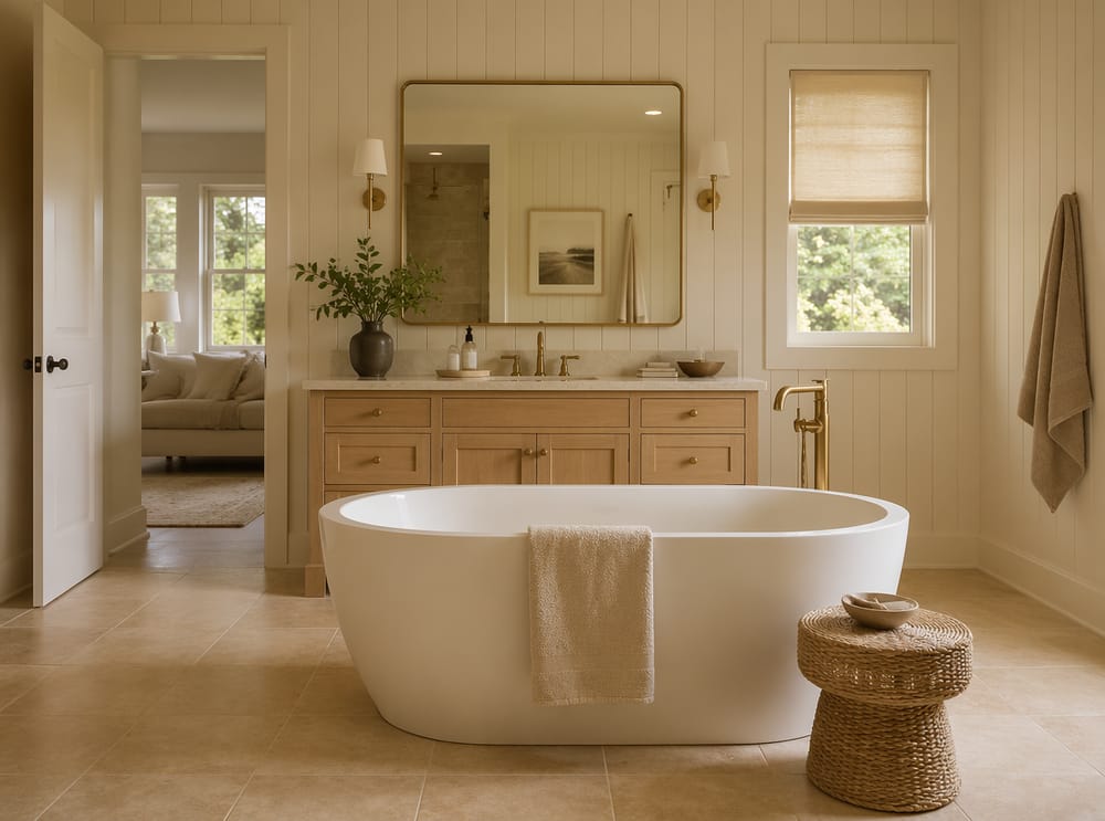 Pareti a boiserie che incorniciano vasca e vanity in ottone
