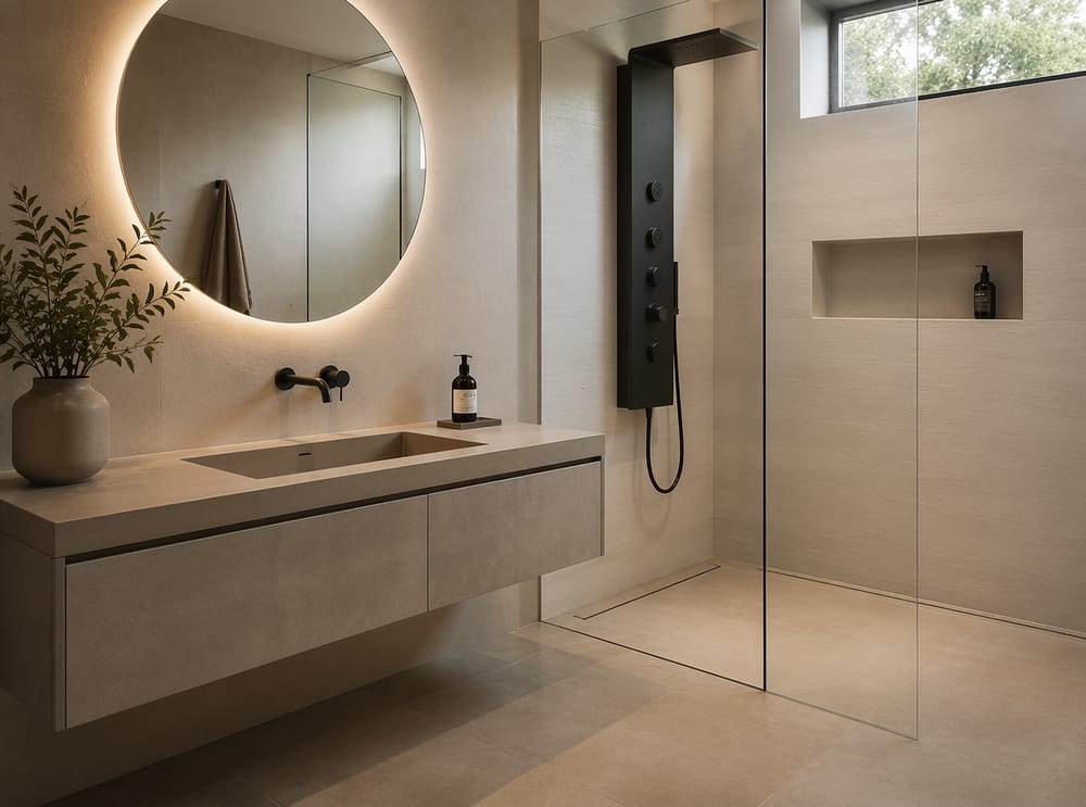 Doccia in lastra avorio con vanity fronte cemento di fronte