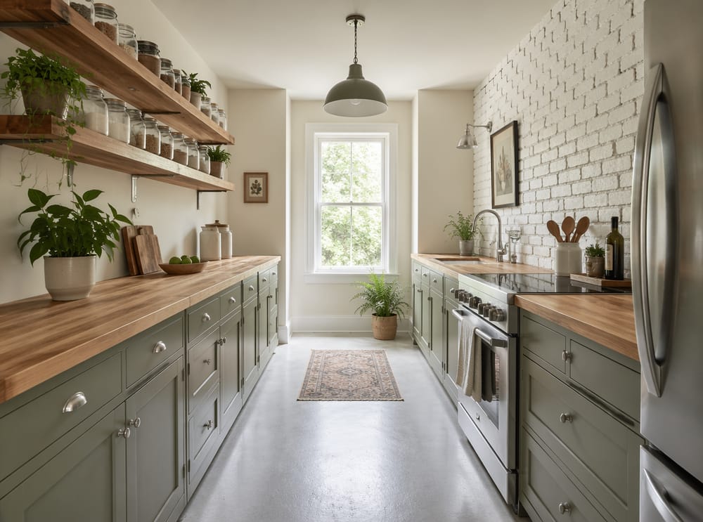 Cocina pasillo con muebles bajos salvia y encimera de madera