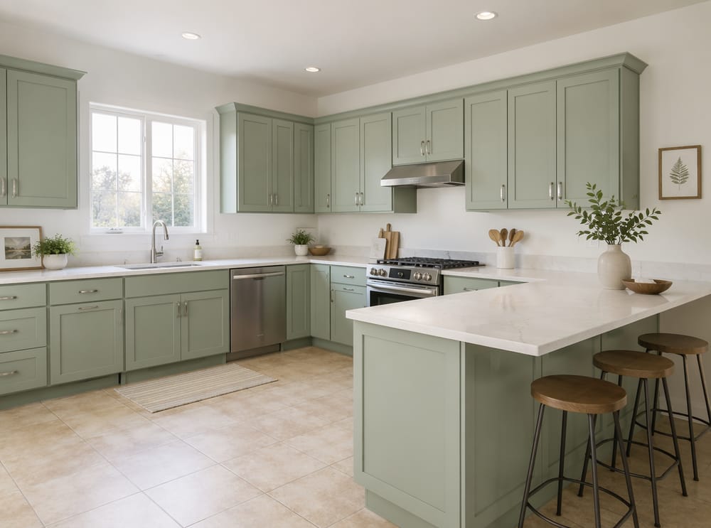 Cocina en L celadón con tiradores cromados