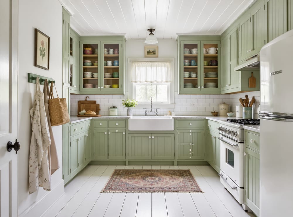 Cocina cottage verde menta con panelado y pomos cerámicos