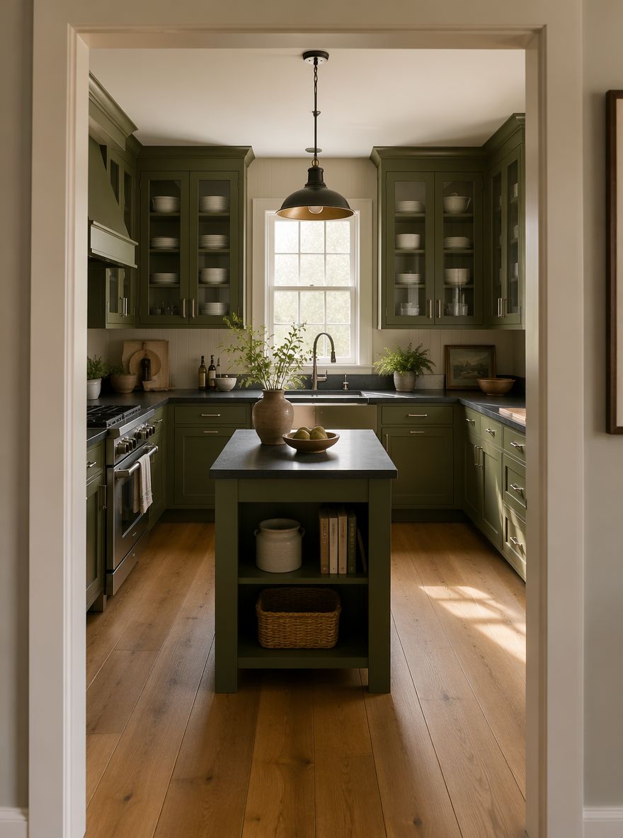 Cocina en U verde musgo con muebles altos de cristal