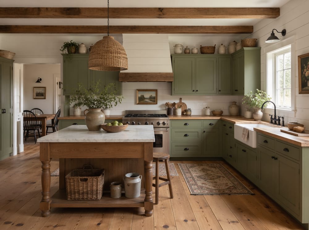 Cocina rural salvia con bronce y encimera de madera