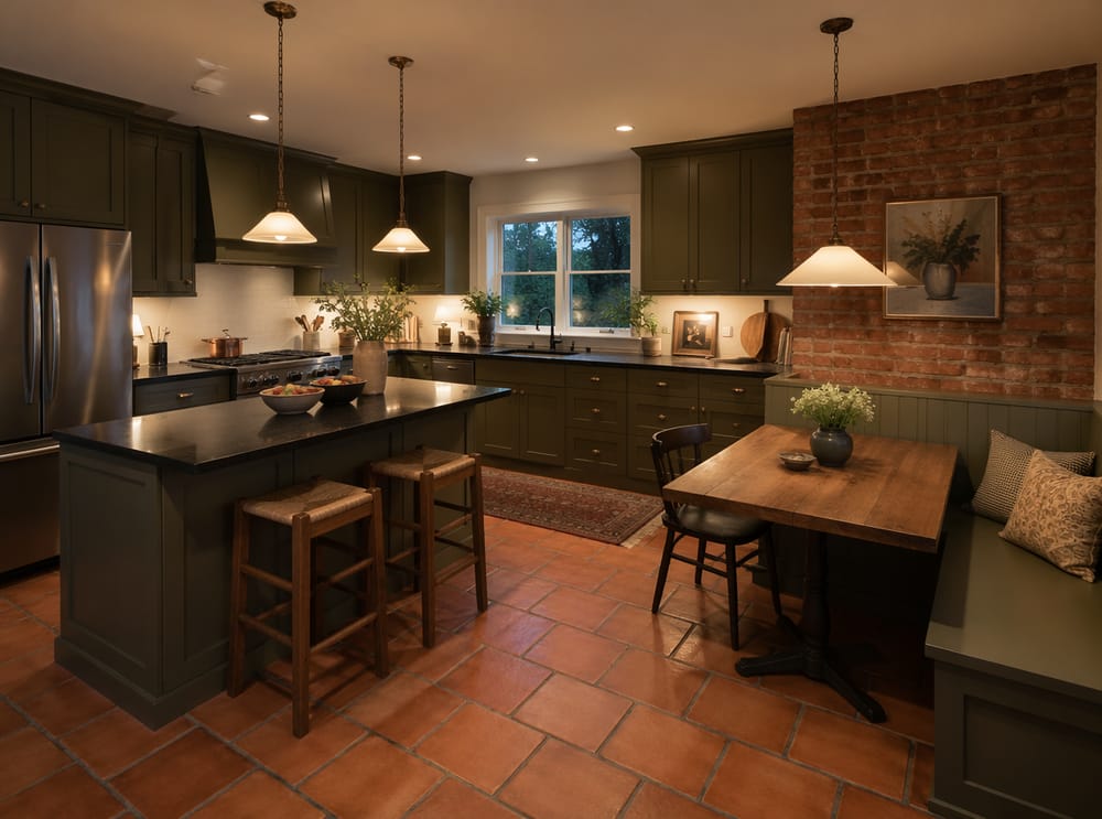 Cocina verde oliva oscuro con rincón de banco integrado