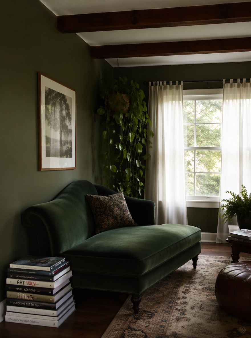 Pareti oliva con chaise longue in velluto e pothos pendente