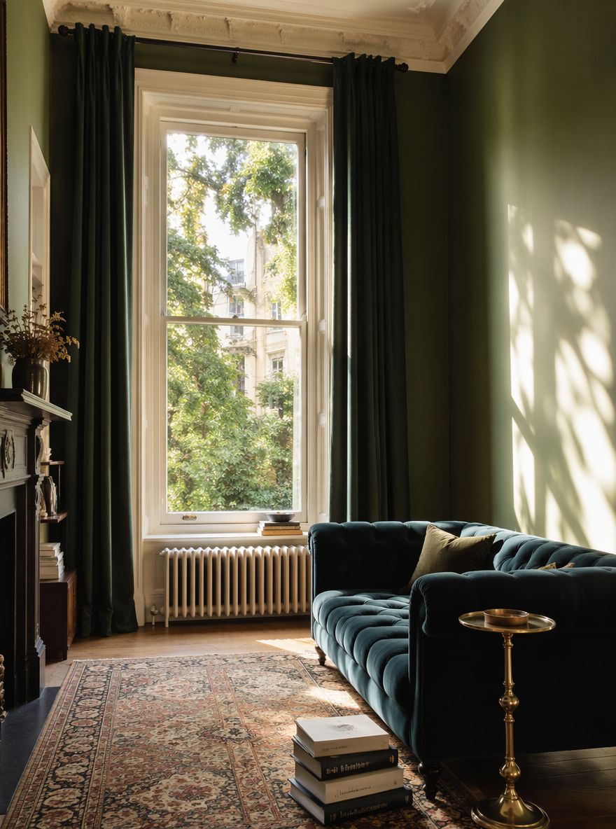 Pareti verdi bosco vittoriane con divano chesterfield blu petrolio