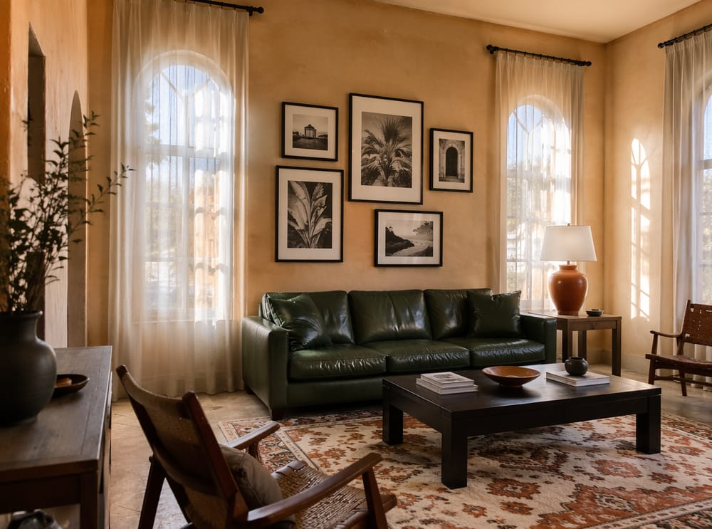 Divano in pelle smeraldo tra finestre ad arco, parete gallery sopra