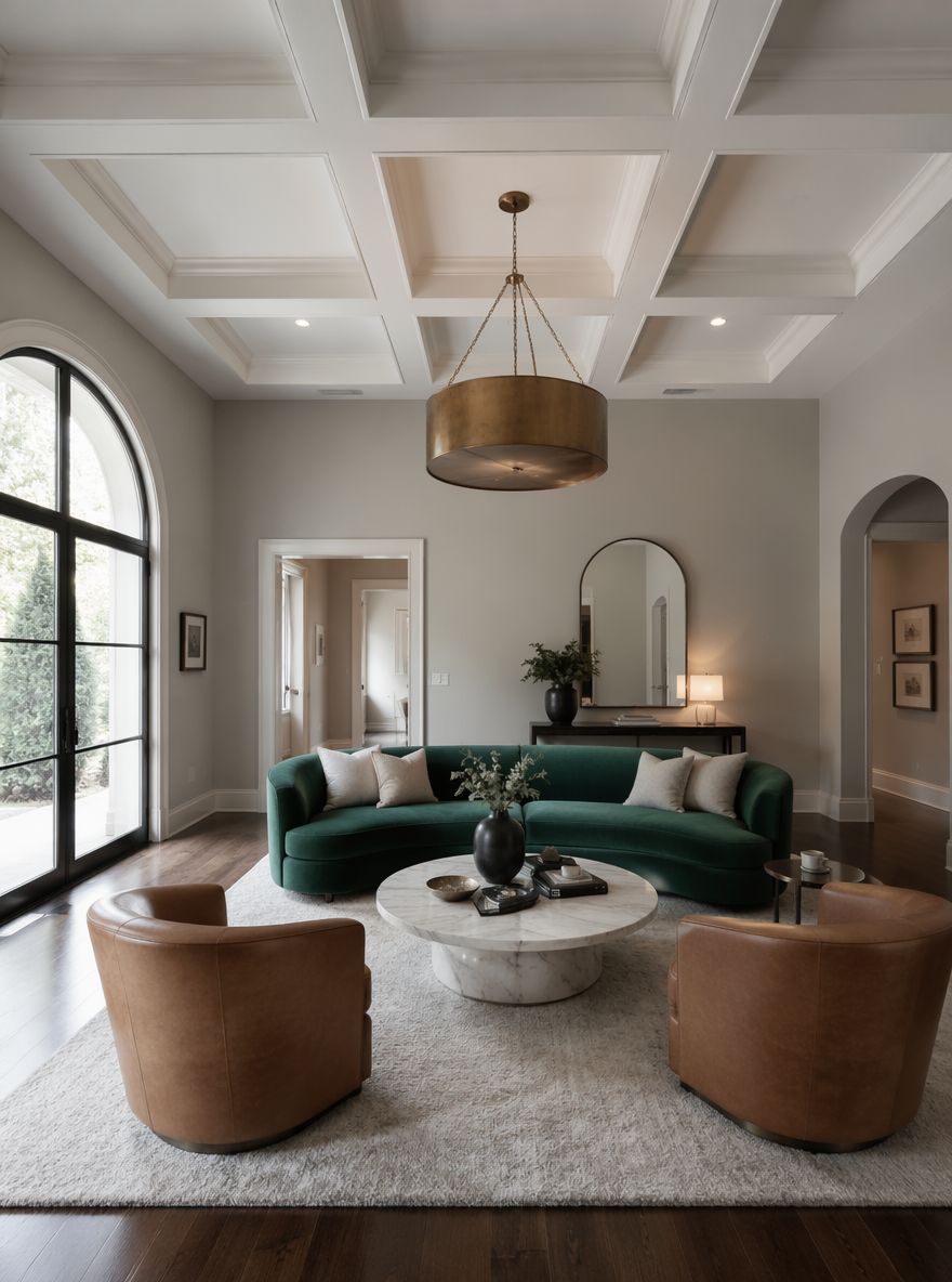 Divano curvo teal sotto soffitto a cassettoni, lampadario in ottone