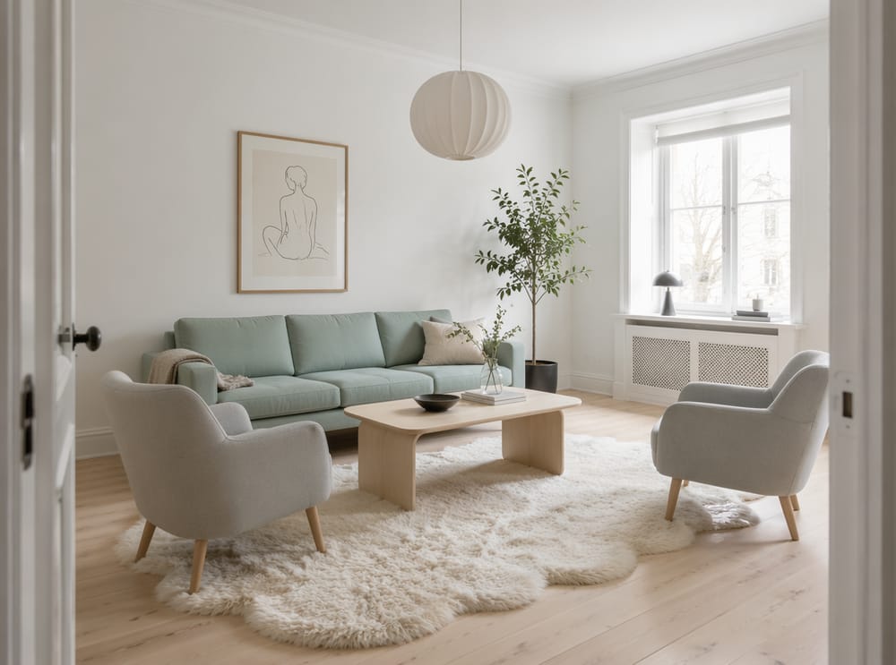 Divano celadon in stanza scandinava bianca, tavolino in betulla