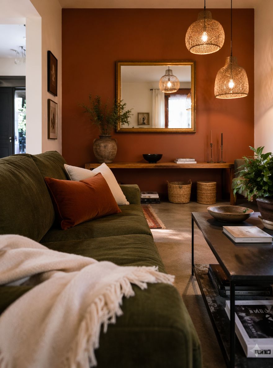 Divano muschio di fronte a parete terracotta con grande specchio