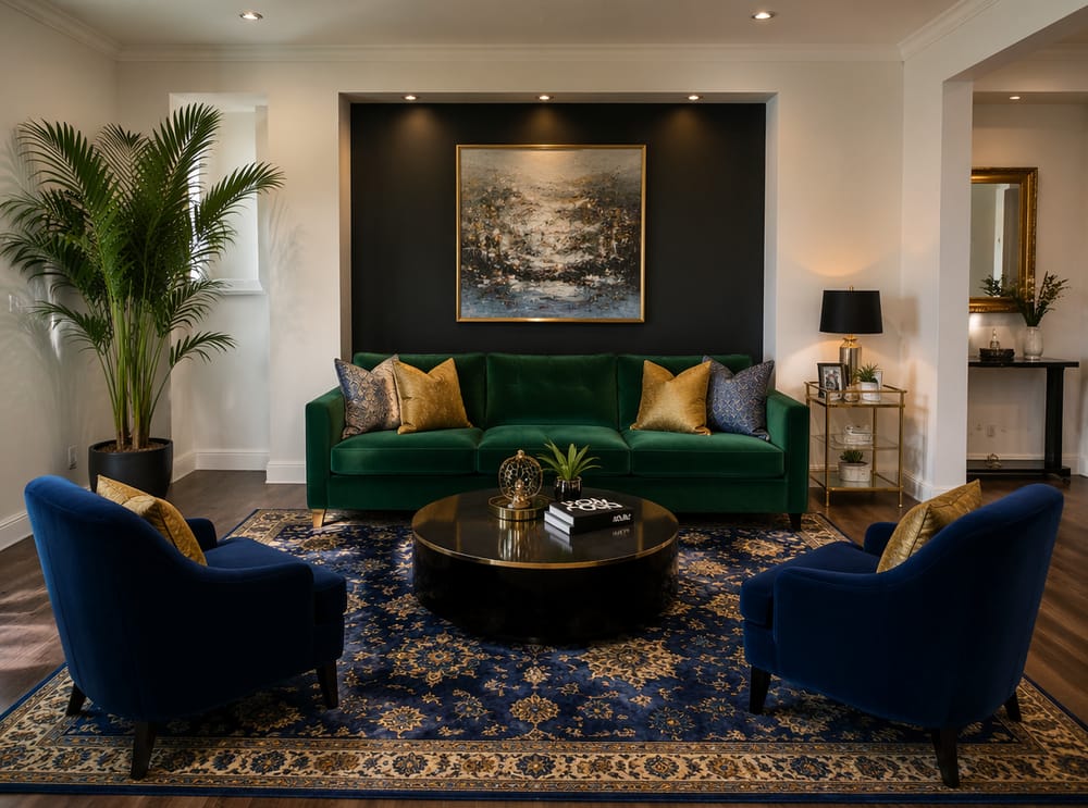 Divano in velluto smeraldo con poltrone blu navy, tappeto con motivi oro