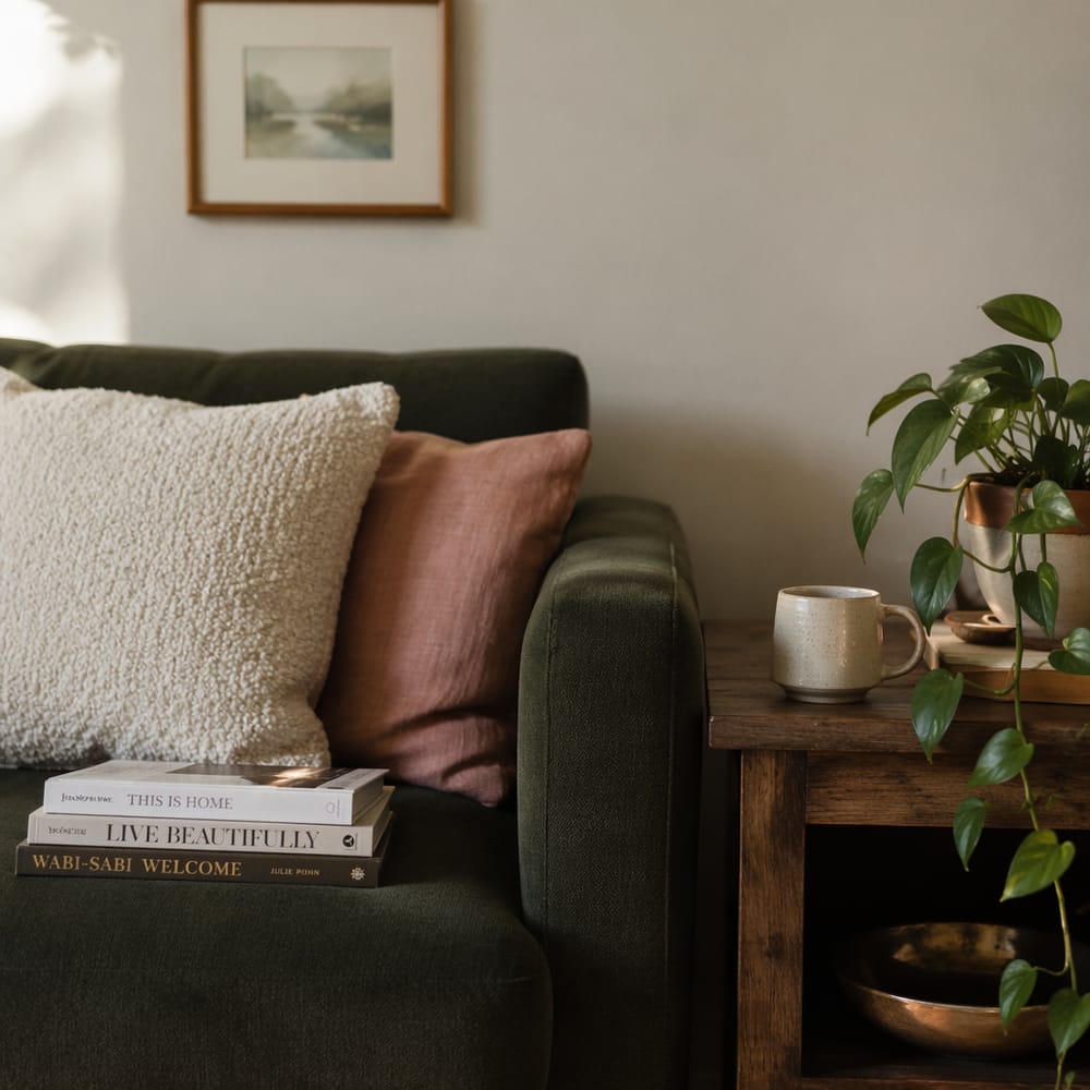 Angolo divano verde foresta con cuscini bouclé, tazza in ceramica
