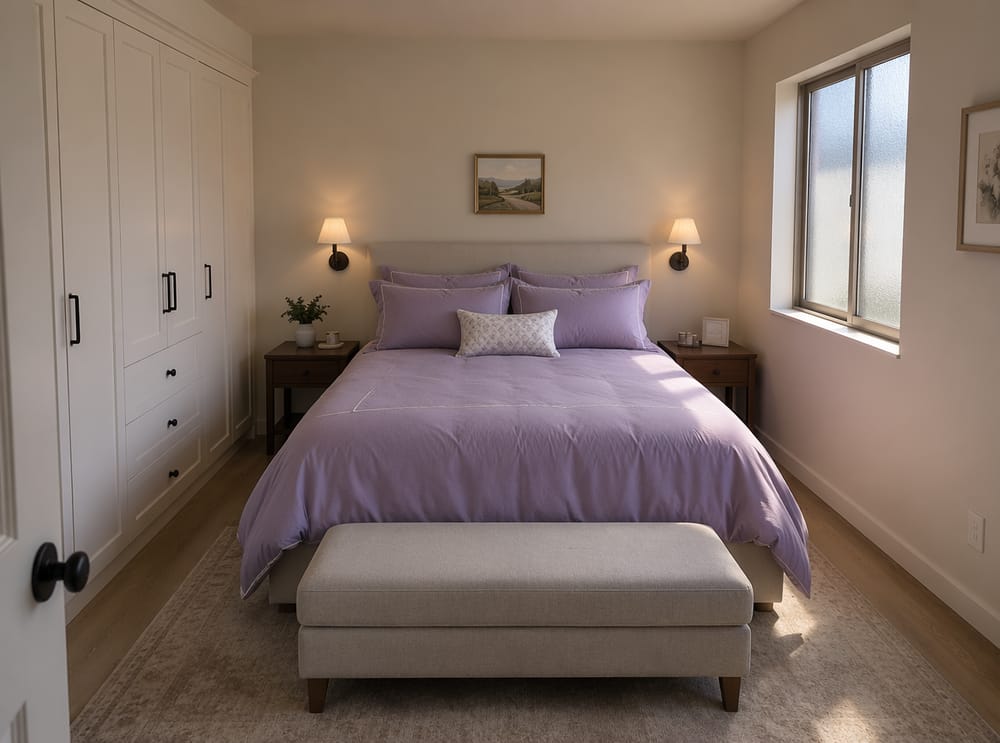 Ropa de cama de lino lavanda con apliques de pared a ambos lados