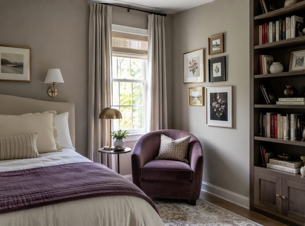 Rincón de lectura con sillón morado junto a estantería alta