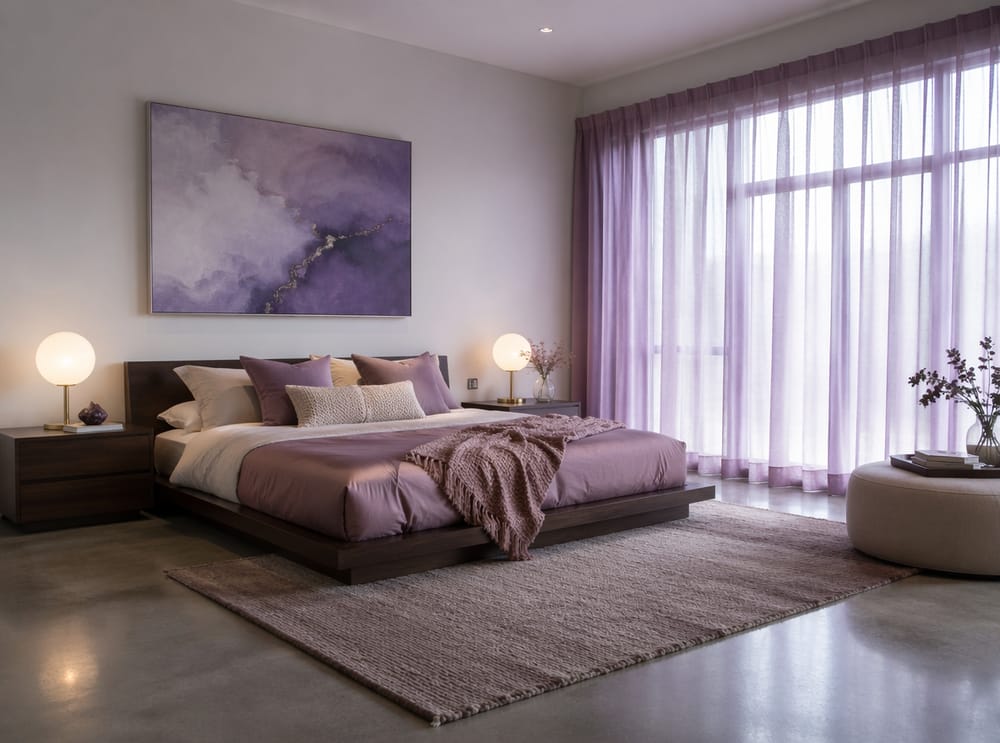 Cama plataforma con capas en tonos malva y rosa