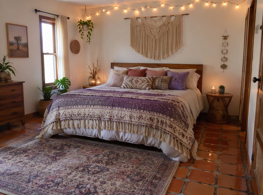 Textiles púrpura en capas en dormitorio estilo bohemio