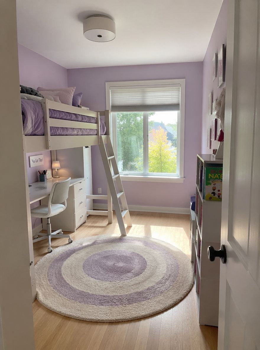 Cama loft lavanda en habitación infantil lila clara