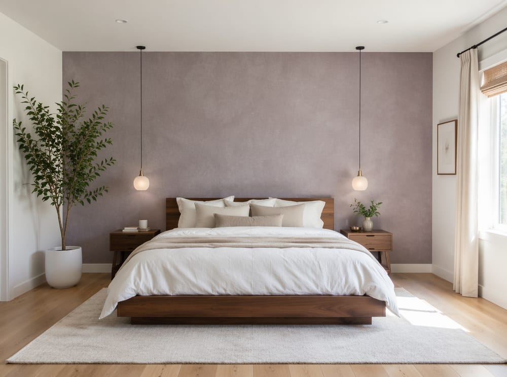 Pared de acento de yeso lavanda-gris, lámparas colgantes