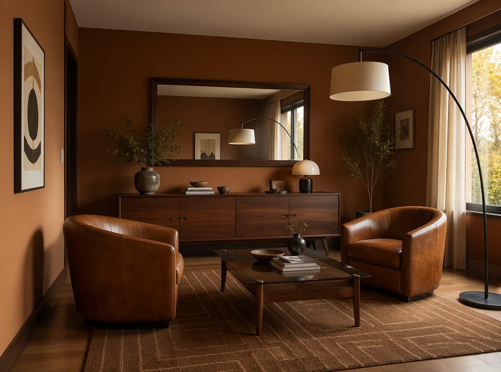 Sillas de cuero tabaco junto a credenza de nogal y espejo