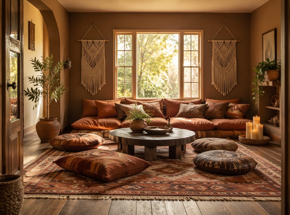 Sofá suelo y alfombra kilim en salón boho marrón