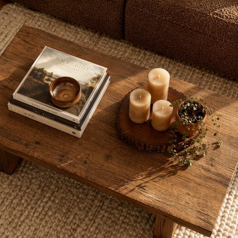 Mesa de centro roble con velas y cuenco de cerámica