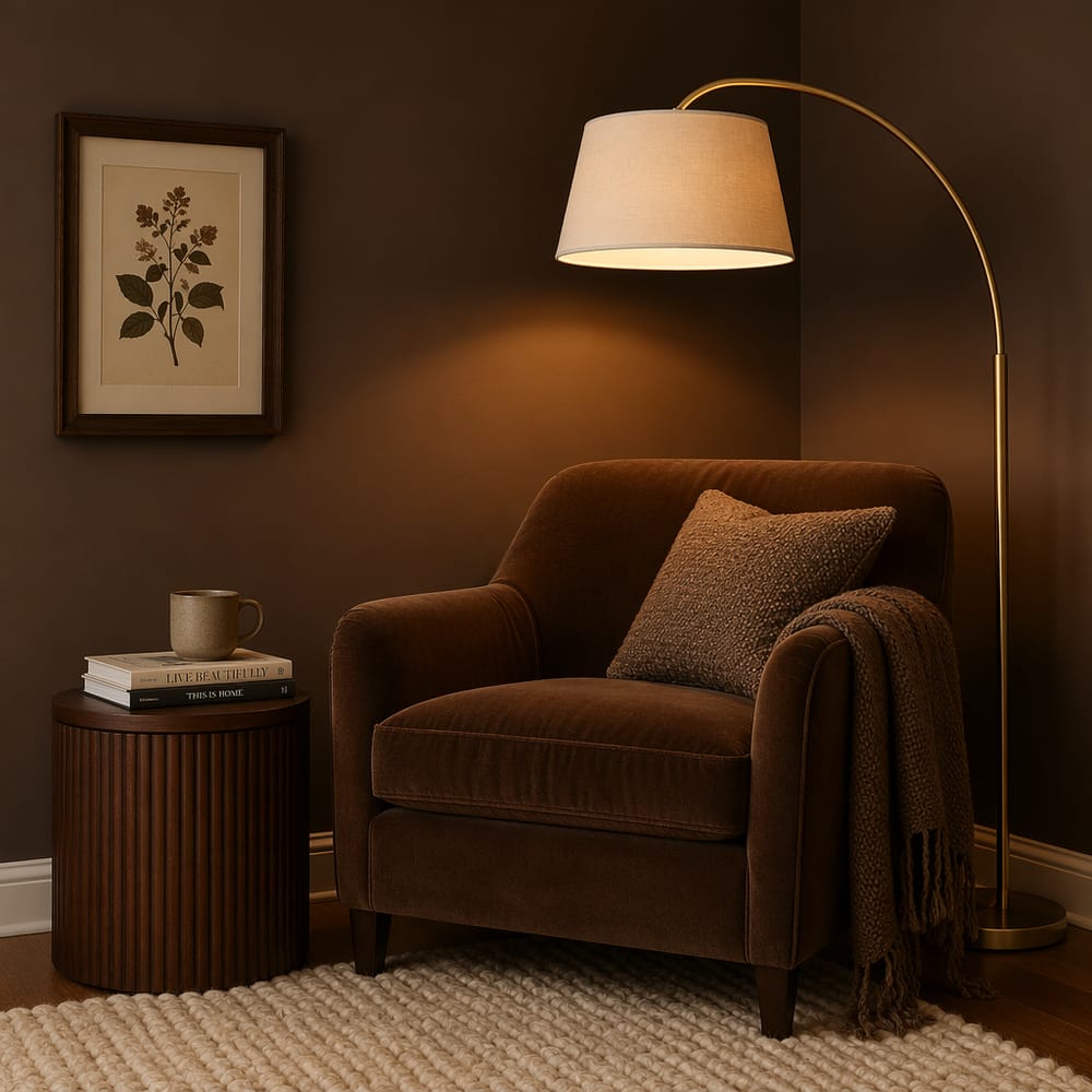 Lámpara arco de latón sobre sillón esquinero de terciopelo chocolate