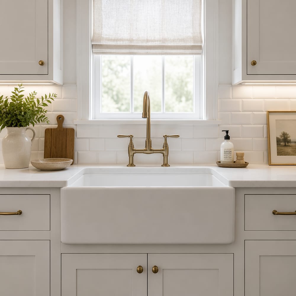 Fregadero tipo farmhouse flanqueado por puertas shaker