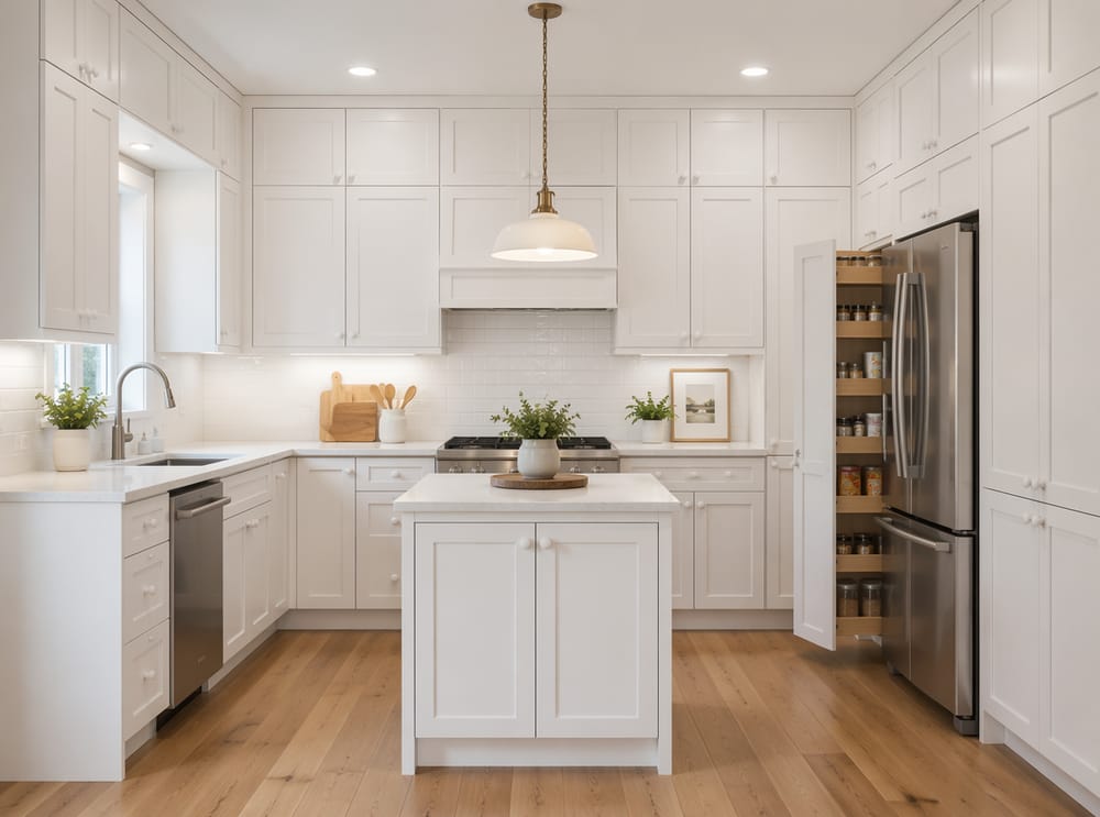 Cocina pequeña con almacenamiento shaker blanco de altura completa