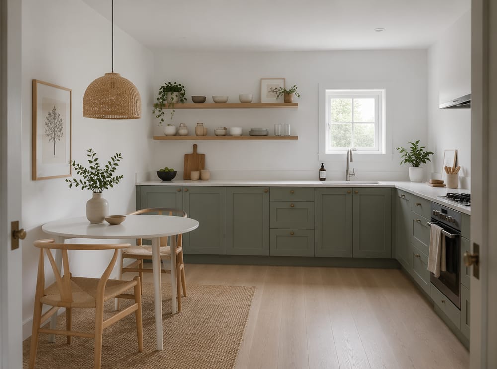 Muebles bajos verde grisáceo, rincón comedor escandinavo