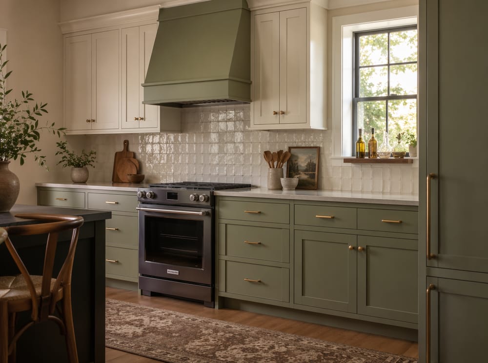 Campana salvia y muebles bajos shaker, revestimiento zellige